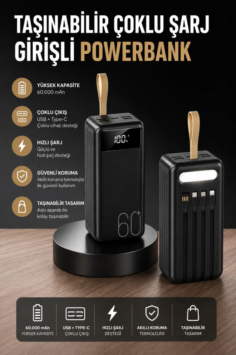 Powerbank 60.000 Mah 4 Portlu Uzun Şarj Süreli Dijital Göstergeli