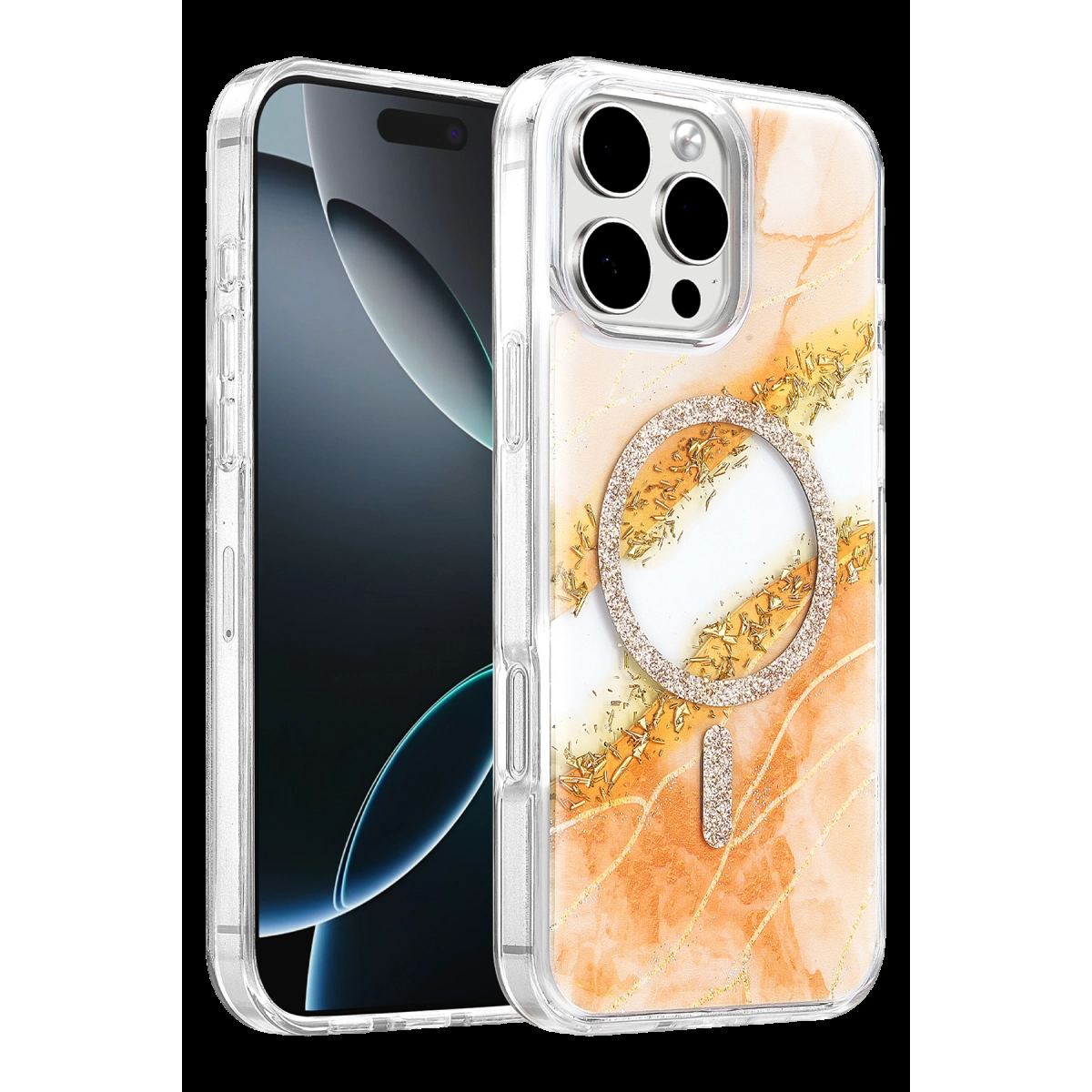 Onegif Apple İphone 16 Pro Max Lotus Simli Magsafe Kapak - Turuncu