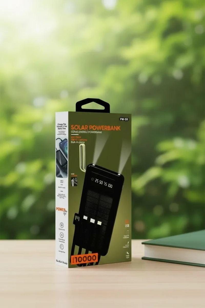 10000mah Güneş Enerjili Taşınabilir Şarj Cihazı - Çift Led Fenerli, Lcd , 2 Usb-c Powerbank