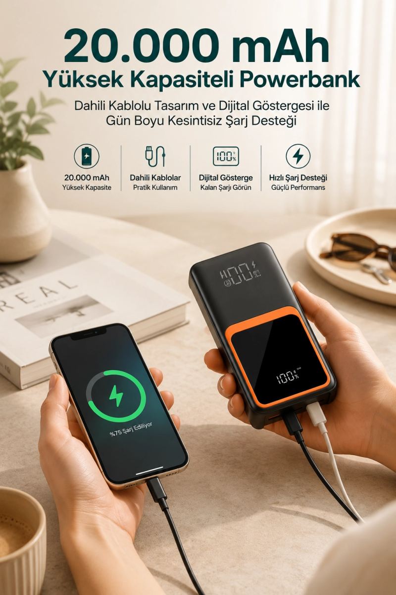 20.000 Mah Taşınabilir Şarj Cihazı Dijital Göstergeli Kablolu Powerbank